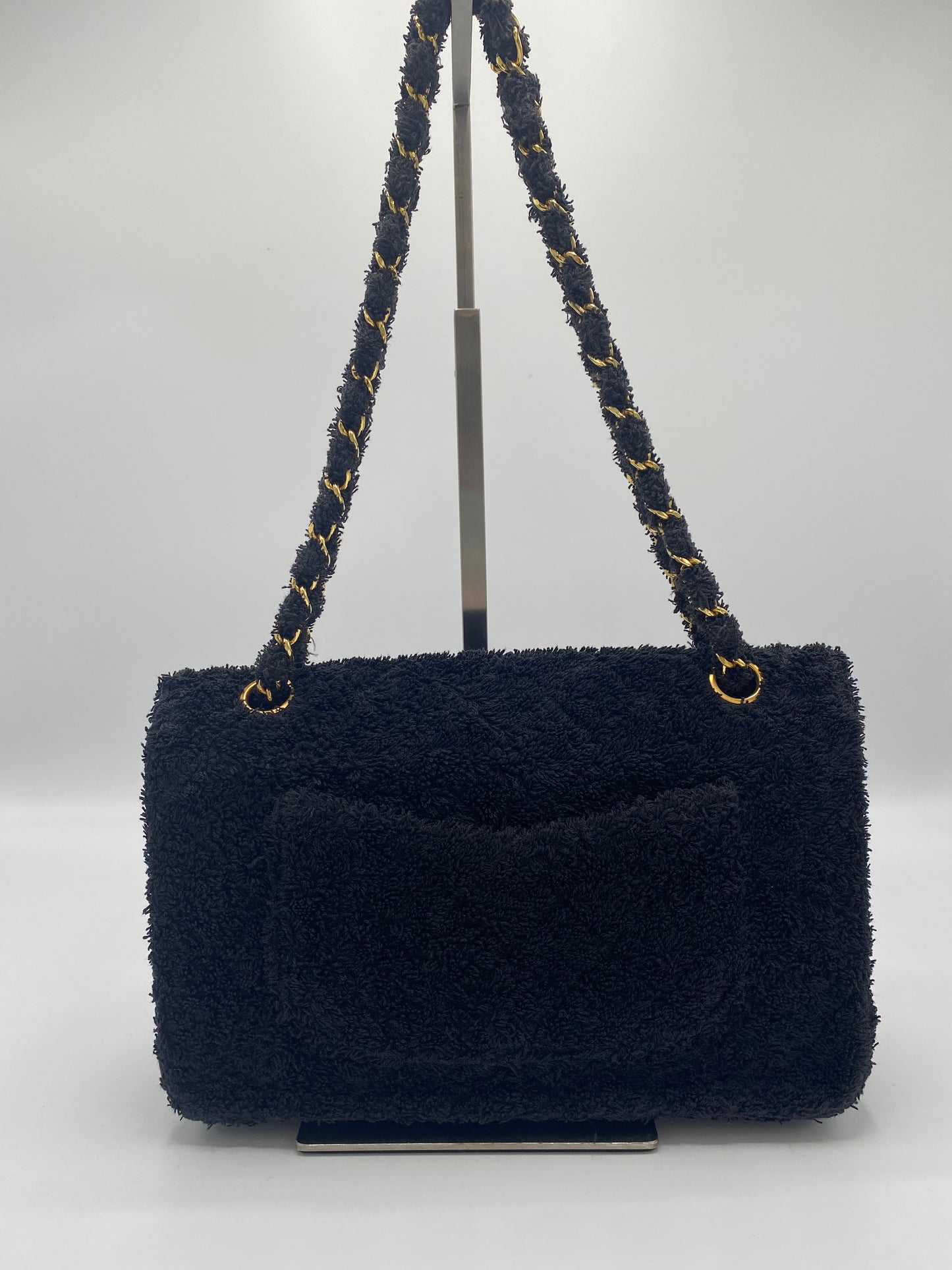 Rare Chanel 1994 Medium Black Terry Cloth Flap Bag