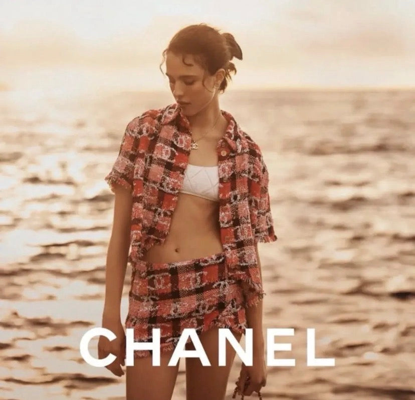 Chanel 22M Coco Beach CC Logo Pink Sequin Fantasy Tweed Blouse Vest FR 36