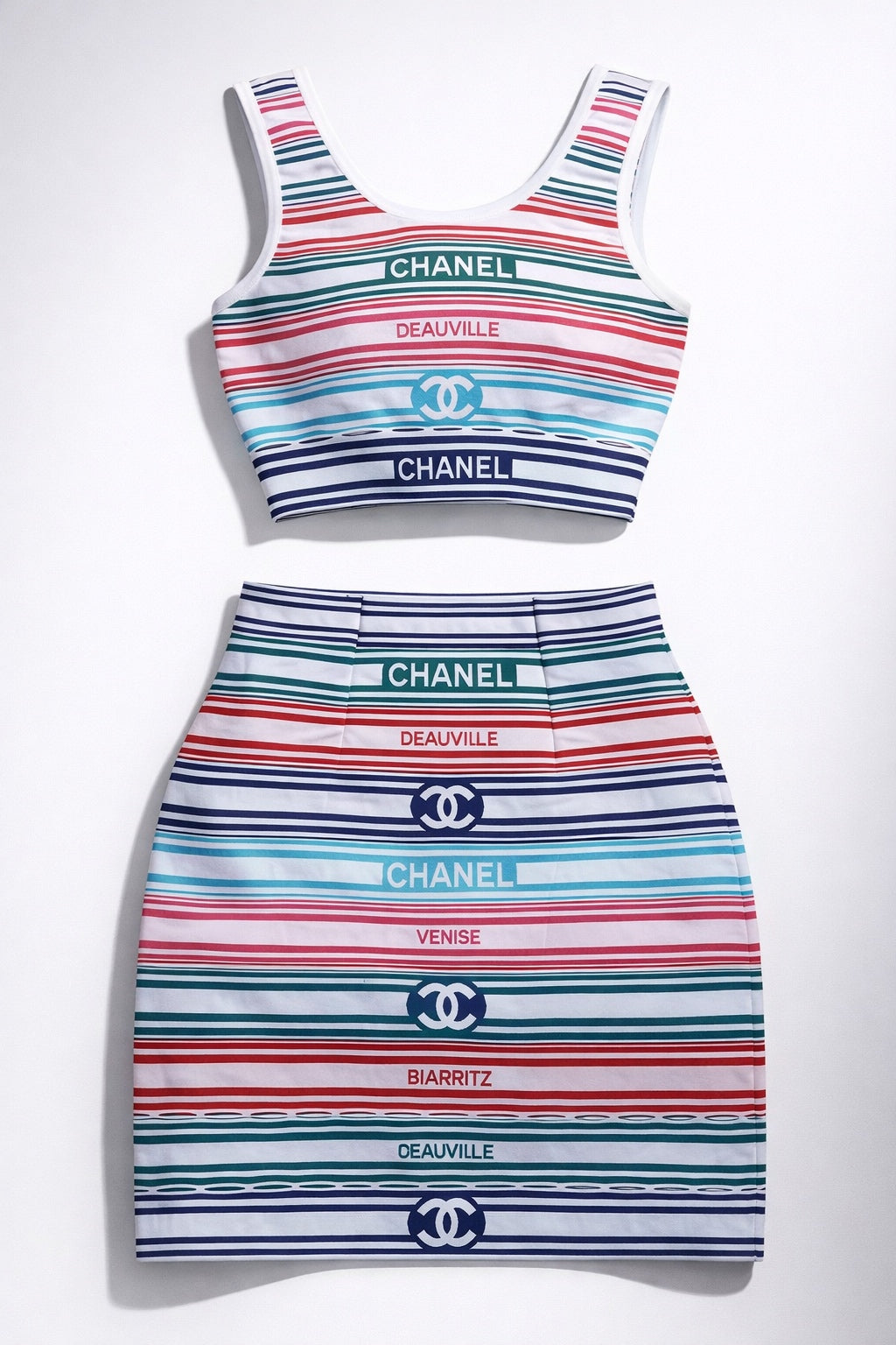 Chanel 19P Sand by the Sea Multicolor Stripe Crop Top Skirt Set FR 36
