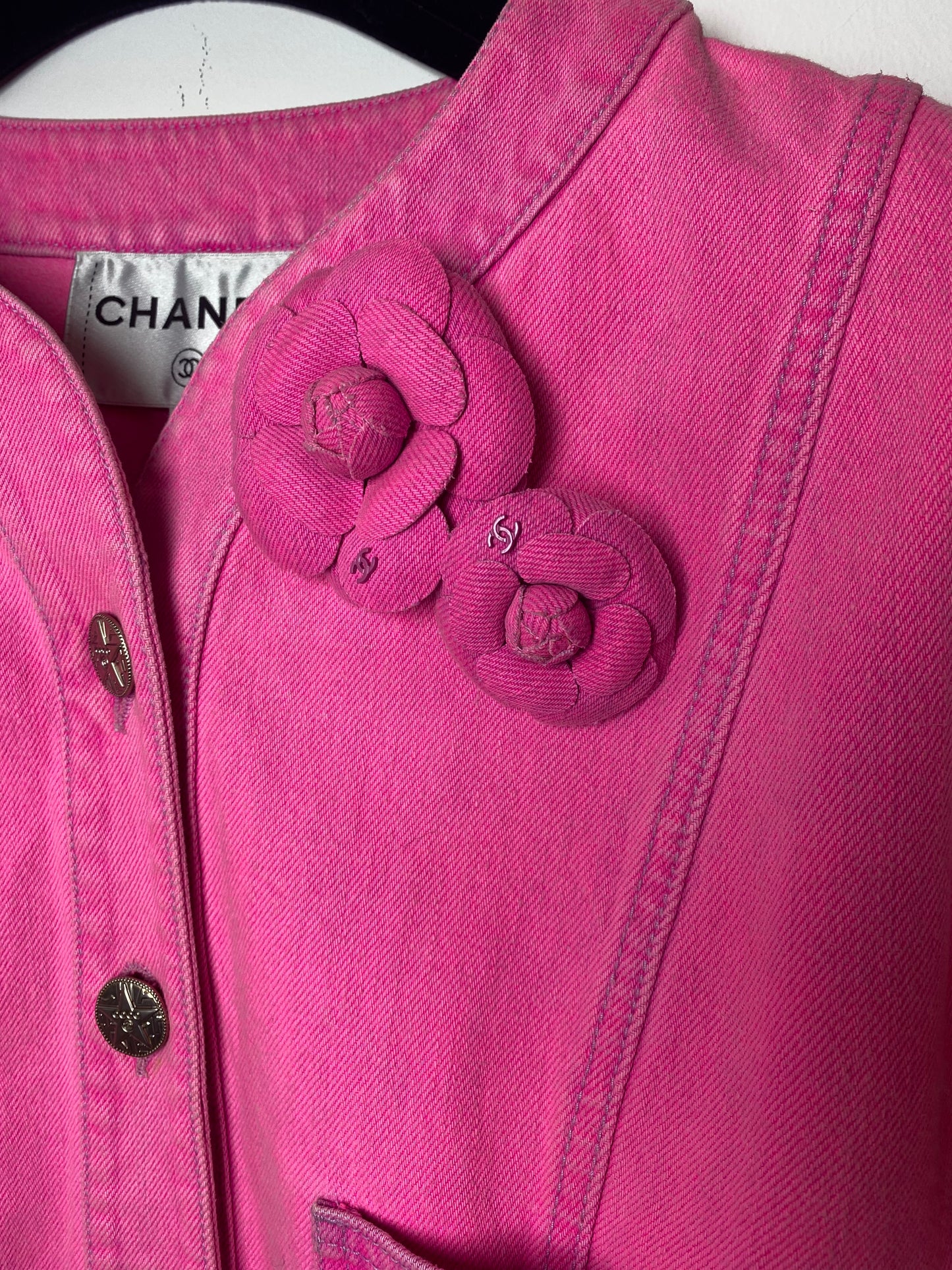 Chanel 21S Two Camellia Bright Neon Pink Denim Jacket FR 36