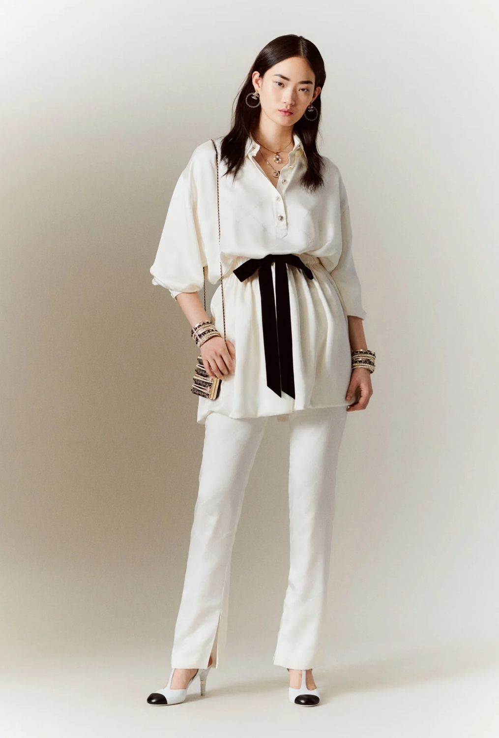 Chanel 22B Ecru Jacquard Silk CC Logo Velvet Bow Blouson Dress FR 40