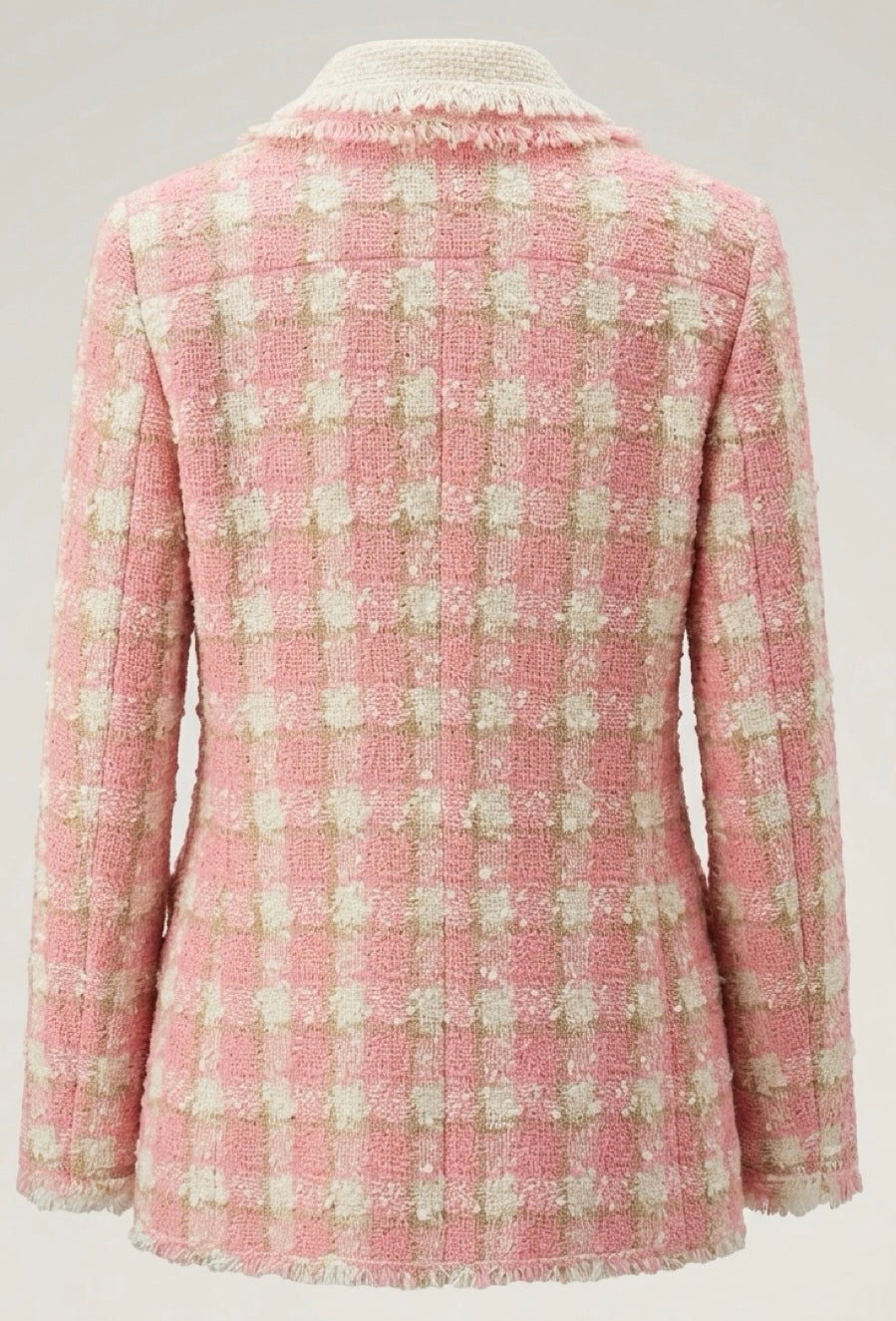 Chanel 04C Pink White Cream Fringe Tweed Checker Jacket FR 42