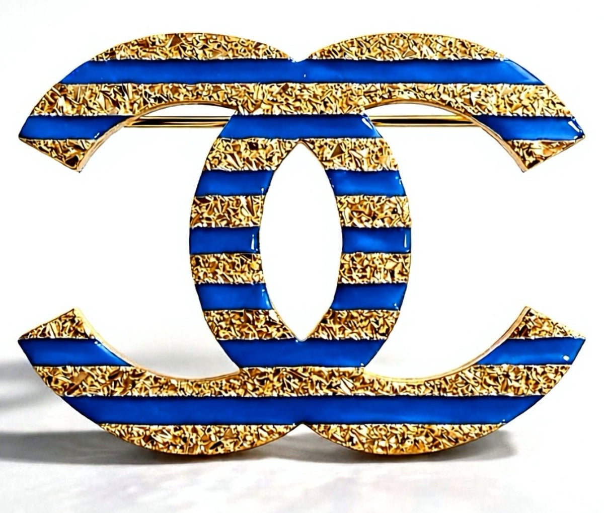 Chanel 19C La Pausa Large Gold Blue Stripe CC Brooch