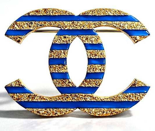 Chanel 19C La Pausa Large Gold Blue Stripe CC Brooch