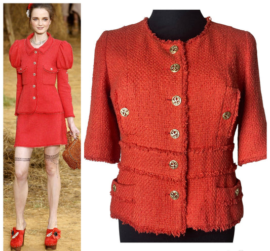 Chanel 10P Runway Red Boucle Tweed Fringe Jacket FR 44