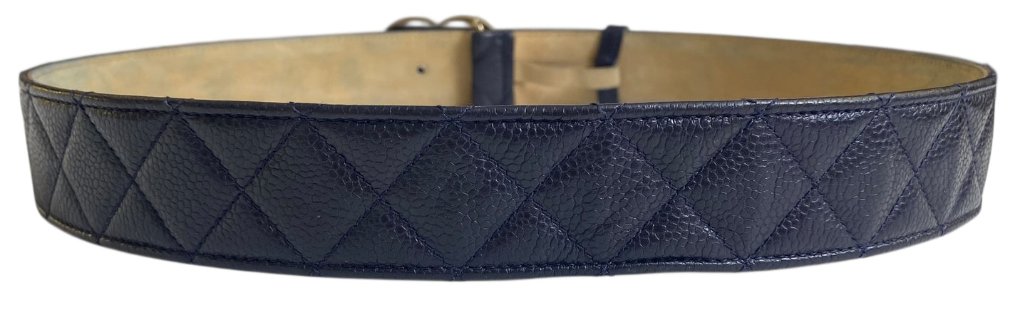 Chanel 13B Navy Blue Caviar Leather Quilted Silver CC Belt Size 90/36