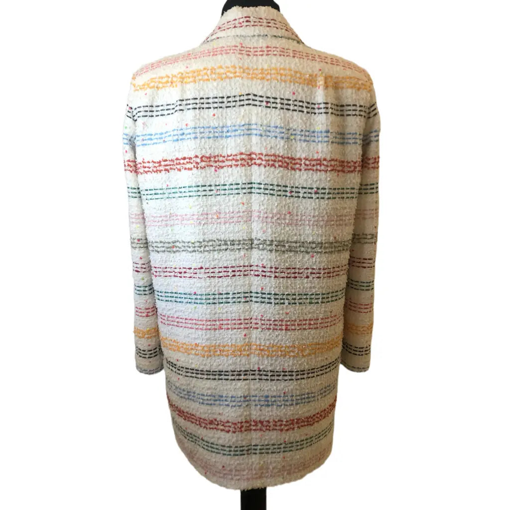 Chanel 19P Runway Oversized Tweed White Striped Long Jacket Coat FR 38