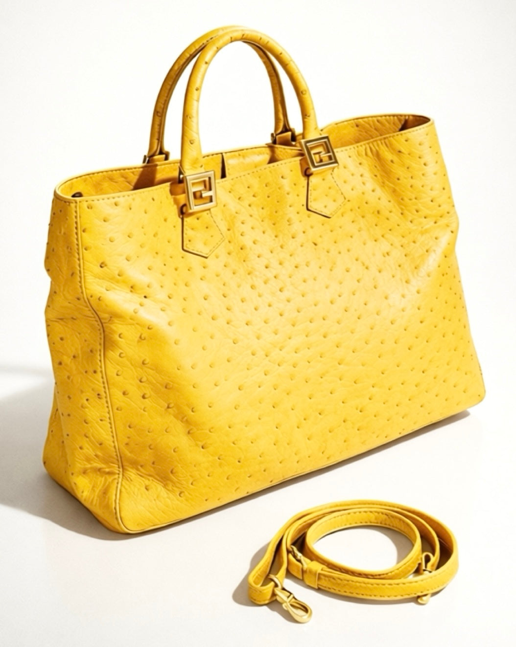Rare Fendi Vintage Yellow Ostrich Twins Tote Gold Hardware
