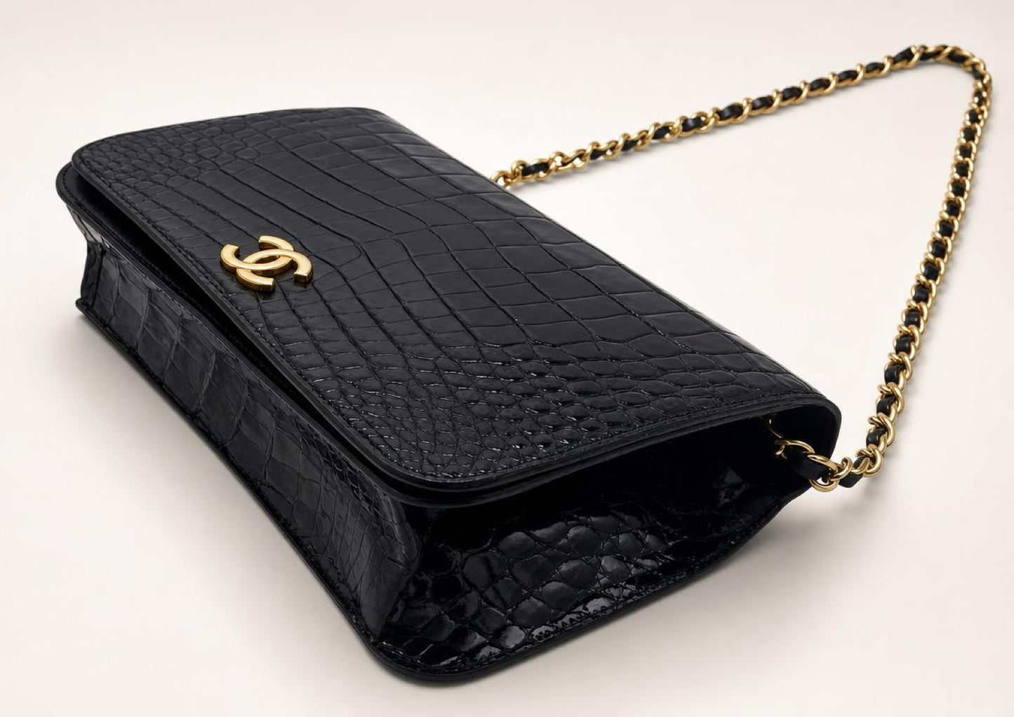 ULTRA RARE Vintage 1984 Chanel Black Crocodile Flap Bag 24K Gold Hardware
