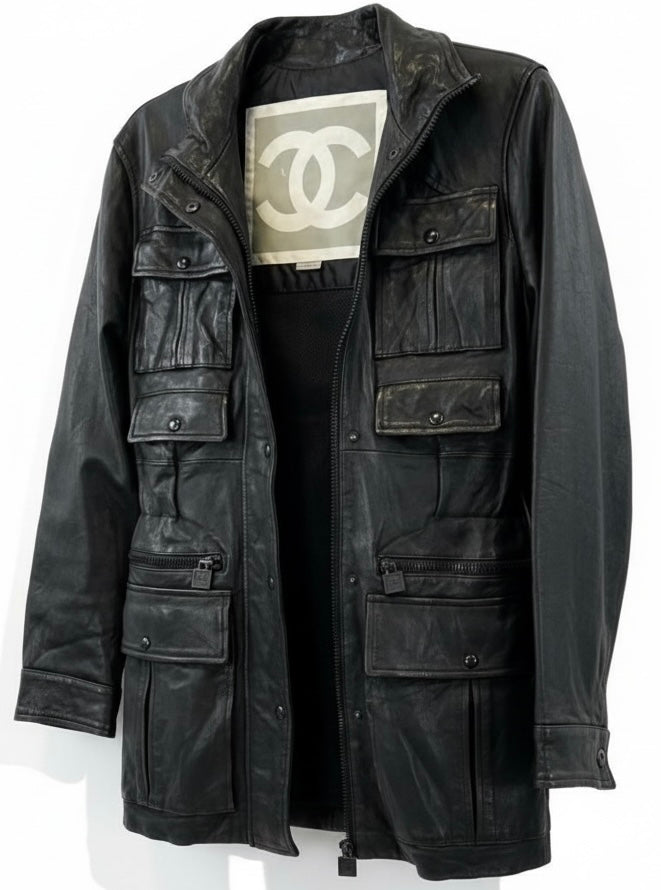 Chanel 07A Runway Black Lambskin Leather Utility Jacket Coat FR 40