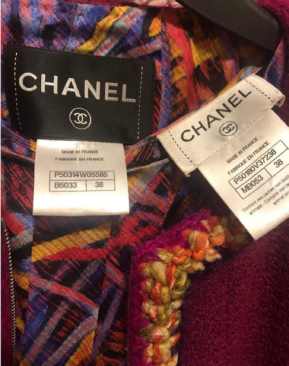 Chanel 14A Supermarket Collection Raspberry Jacket FR 38 and Multicolor Matching Silk Blouse SET FR 38