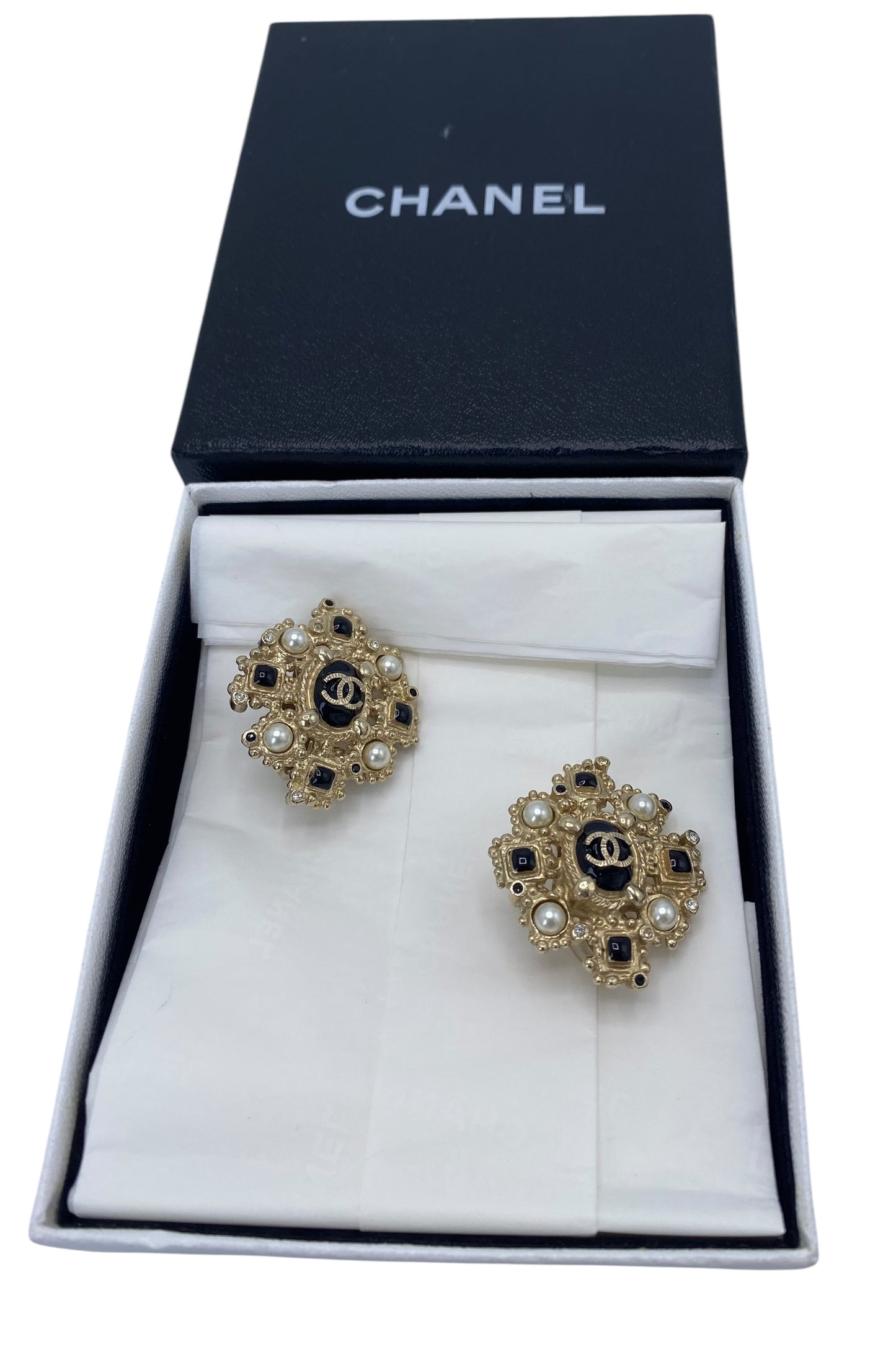 Rare Chanel 12A Paris-Bombay Large Gold Black Pearl Crystal Clip On Earrings