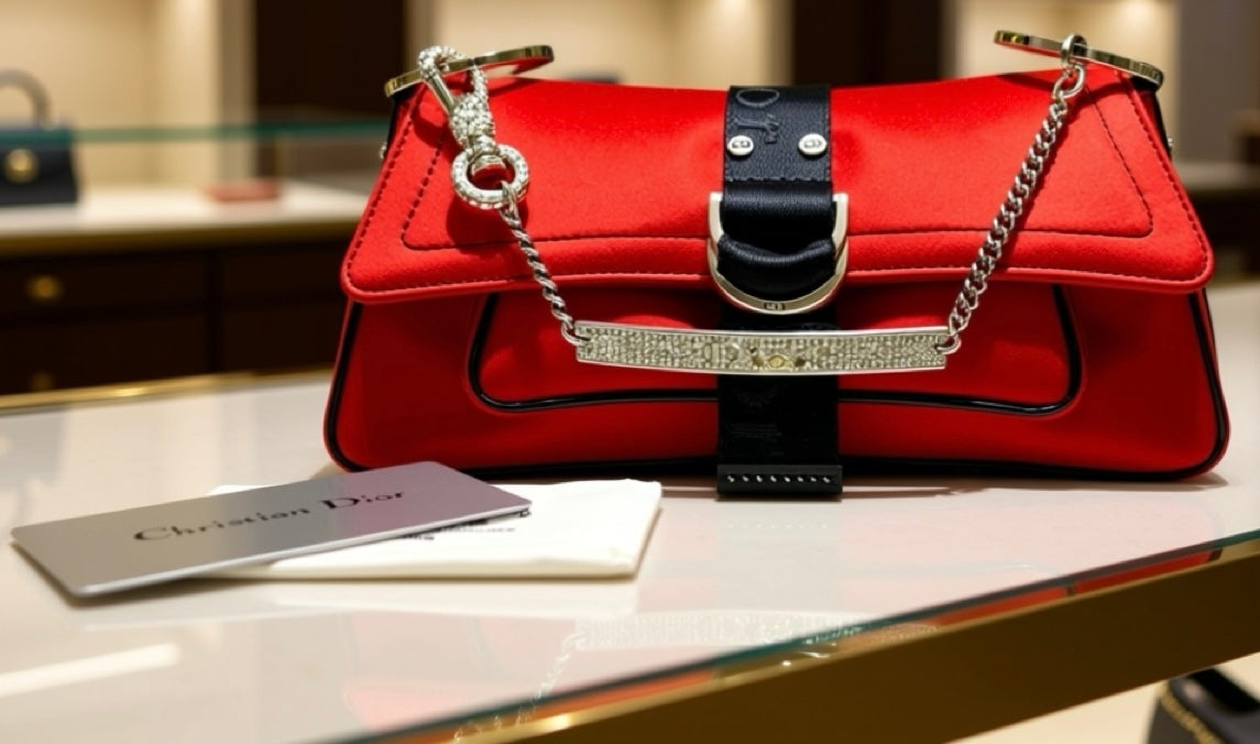Vintage DIOR EXTRA MINI Red Black Crystal Hardcore Trotter Saddle Bag