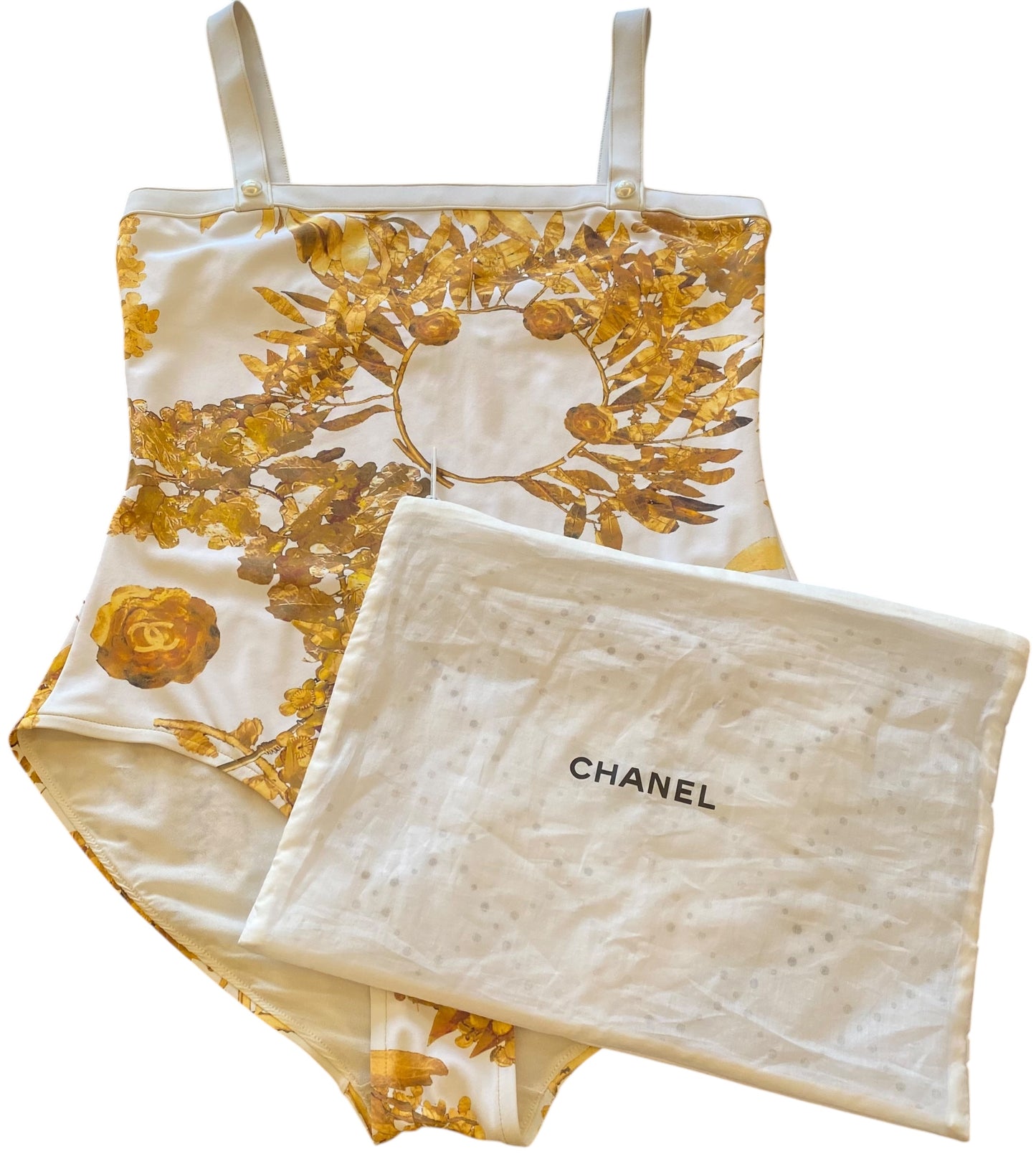 CHANEL 18C PARIS GREECE WHITE GOLD PEARL BATHINGSUIT SWIMSUIT BODYSUIT FR 38