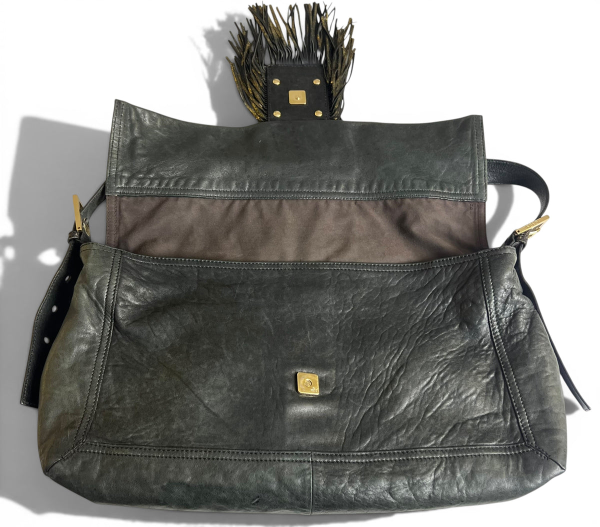 Vintage Fendi XL Black Gold Metallic Leather Wild Fringe Baguette Shoulder Crossbody Bag