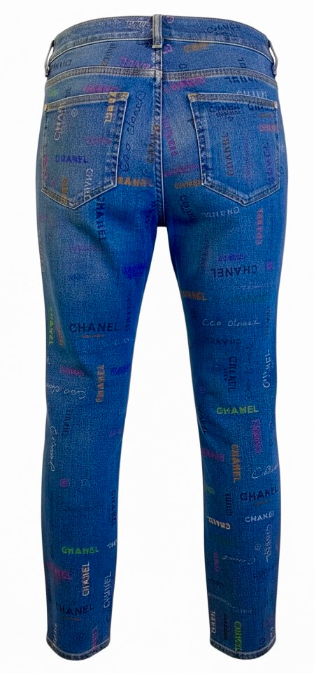 CHANEL 22P Blue & Multicolor Logo Printed Denim Jeans FR 40