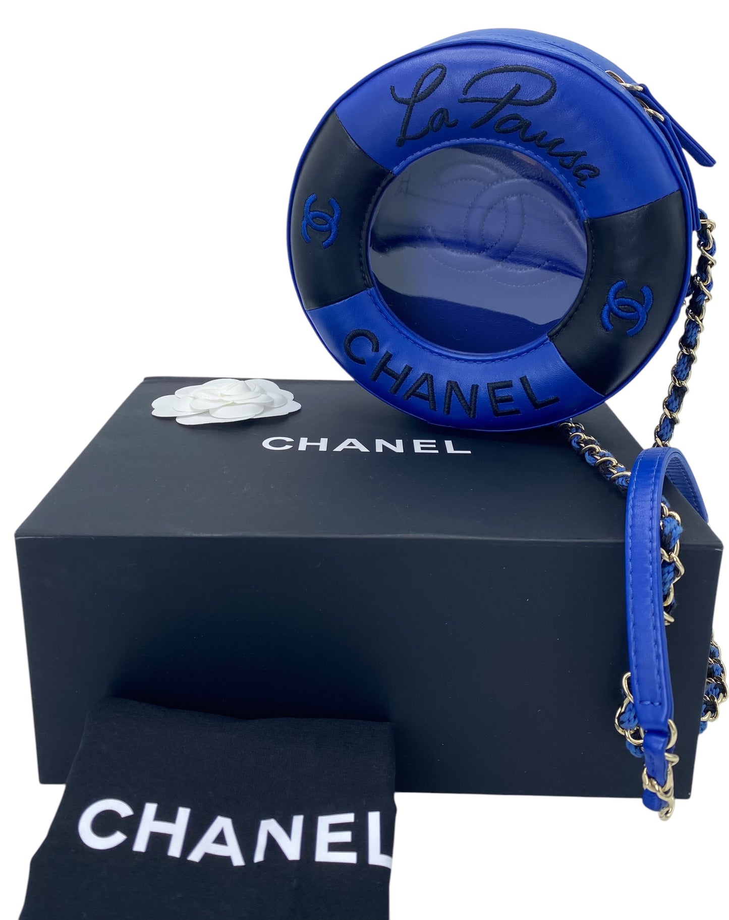 CHANEL 19C LA PAUSA COCO LIFESAVER MINAUDIÈRE BAG BLUE & BLACK WITH CHAMPAGNE GOLD HARDWARE