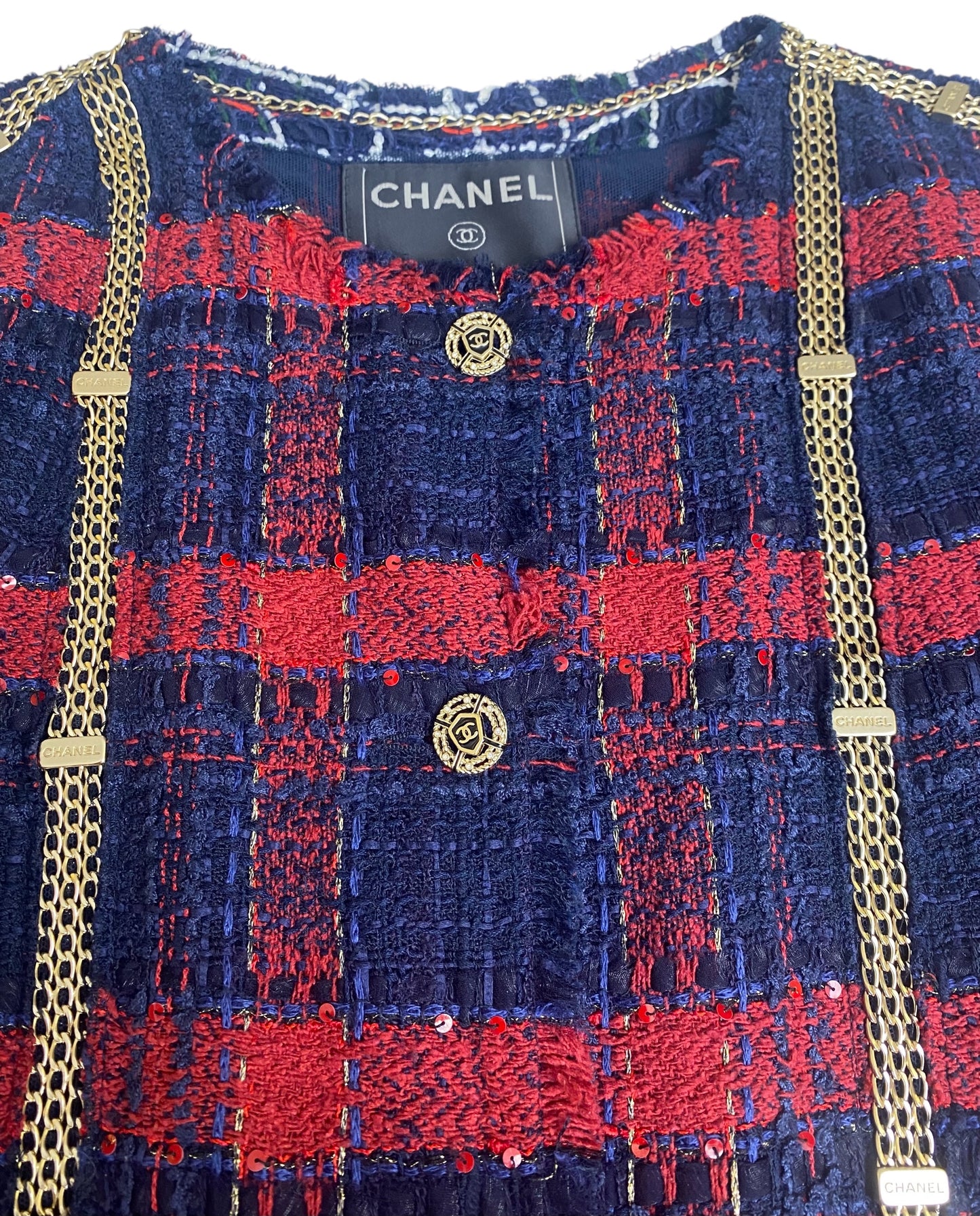 RARE CHANEL 08P RUNWAY BLUE RED GOLD CC CHAINS TWEED JACKET FR 44