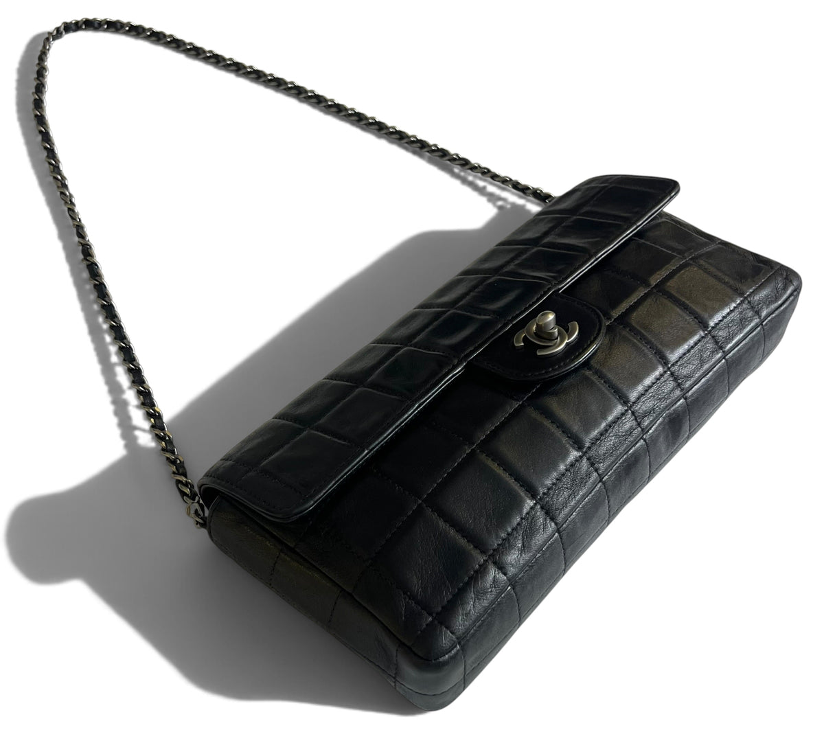 Vintage Chanel Black Lambskin East West Chocolate Bar Flap SHW