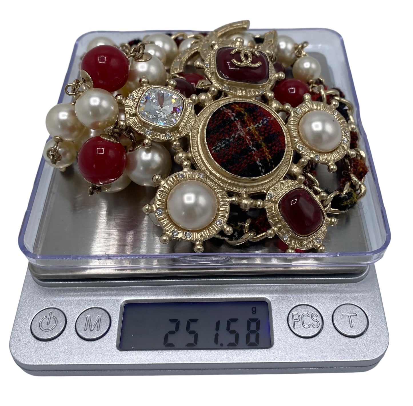 Chanel 13A Paris-Edinburgh Double Strand Red Gold Large CC Tweed Pearl Necklace Belt