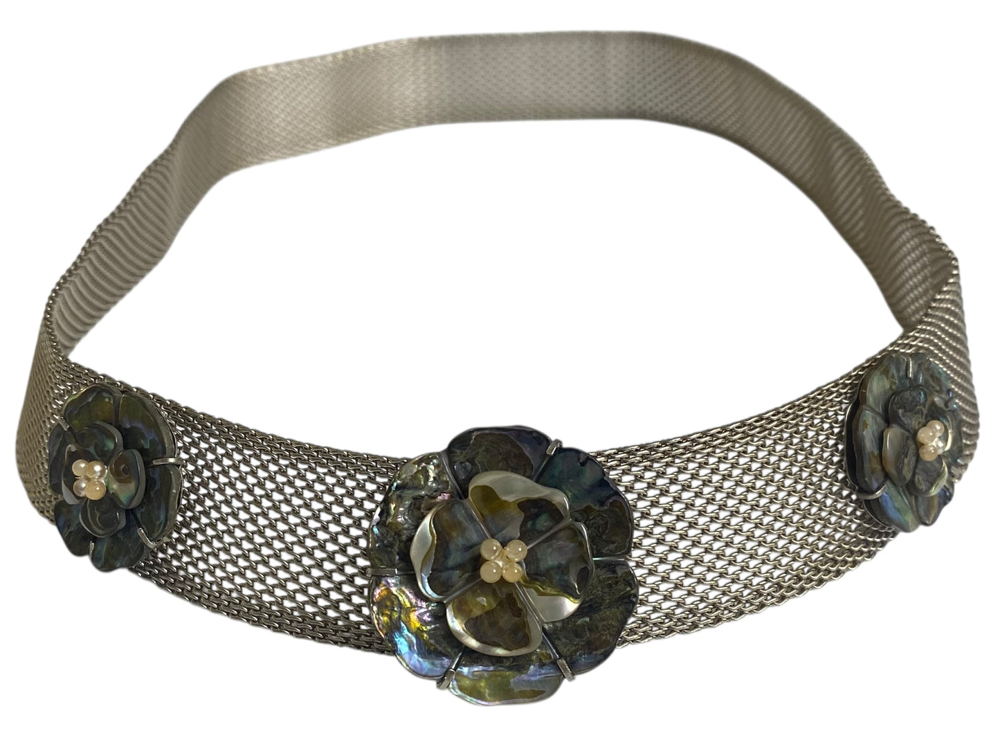 Chanel 98A Mother Of Pearl MOP 3 Camellia Silver Plated Metal Chain Belt