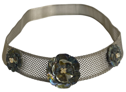 Chanel 98A Mother Of Pearl MOP 3 Camellia Silver Plated Metal Chain Belt