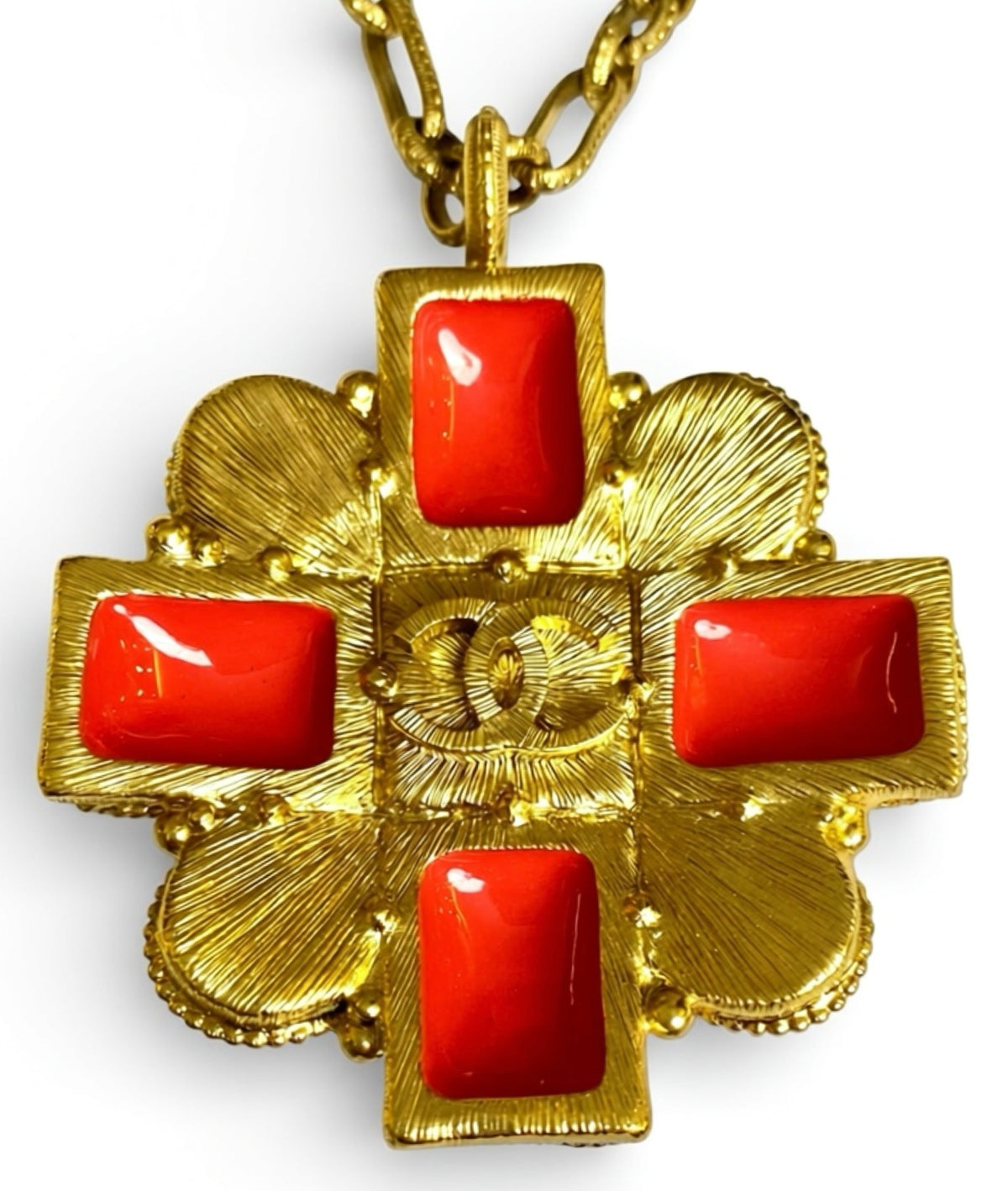 Chanel 13S XL CC Medallion Pendant Pink Coral Gripoix Pearl Gold Statement Necklace