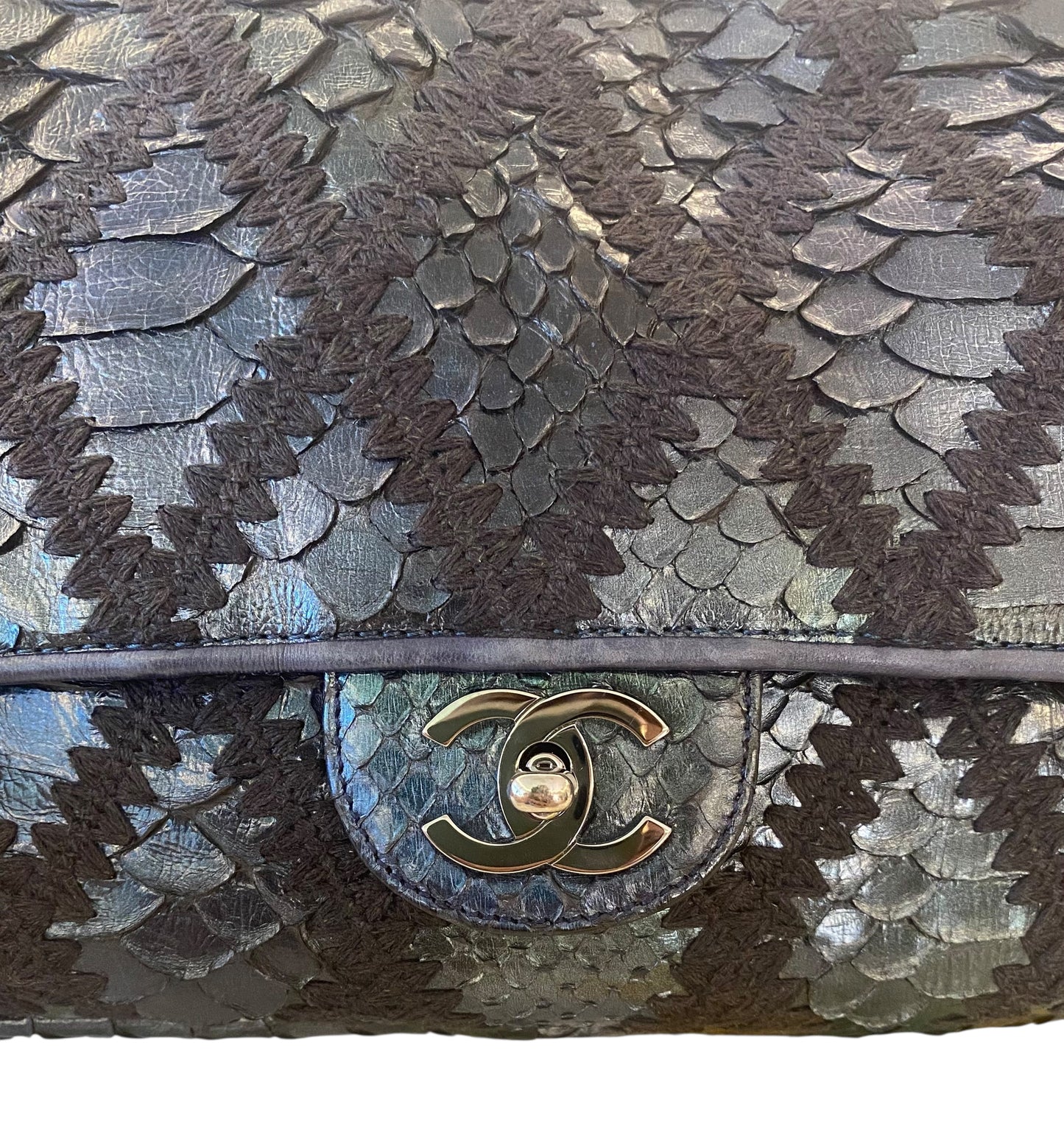 Chanel Metallic Blue & Green Python and Crochet Flap Bag