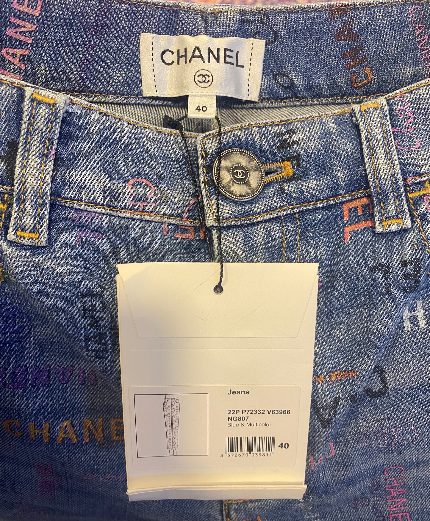 CHANEL 22P Blue & Multicolor Printed Stretch Denim Jeans FR 40