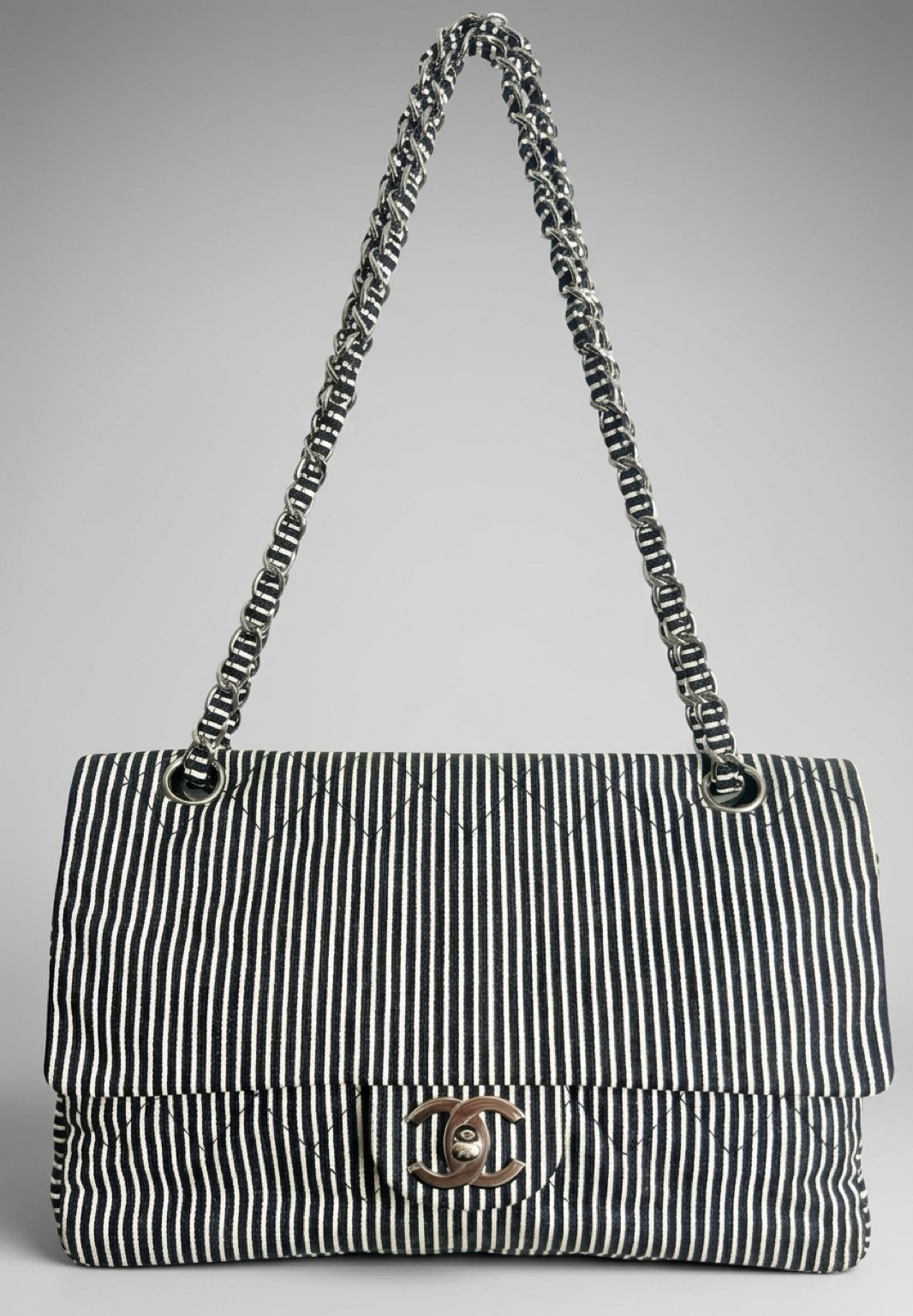 Chanel 08C Medium Black White Stripe Denim Canvas Classic Double Flap Bag
