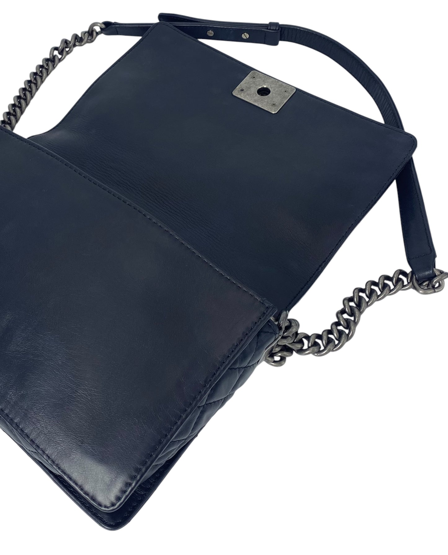 Chanel 2013 Enchained Boy Bag Black Leather Medium Flap Bag