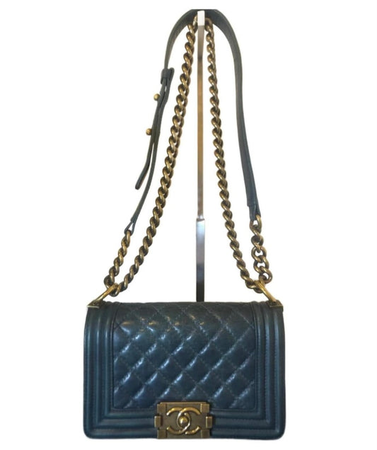 Chanel Blue Quilted Glazed Aged Calfskin Small Boy Bag Antique Gold Hardware