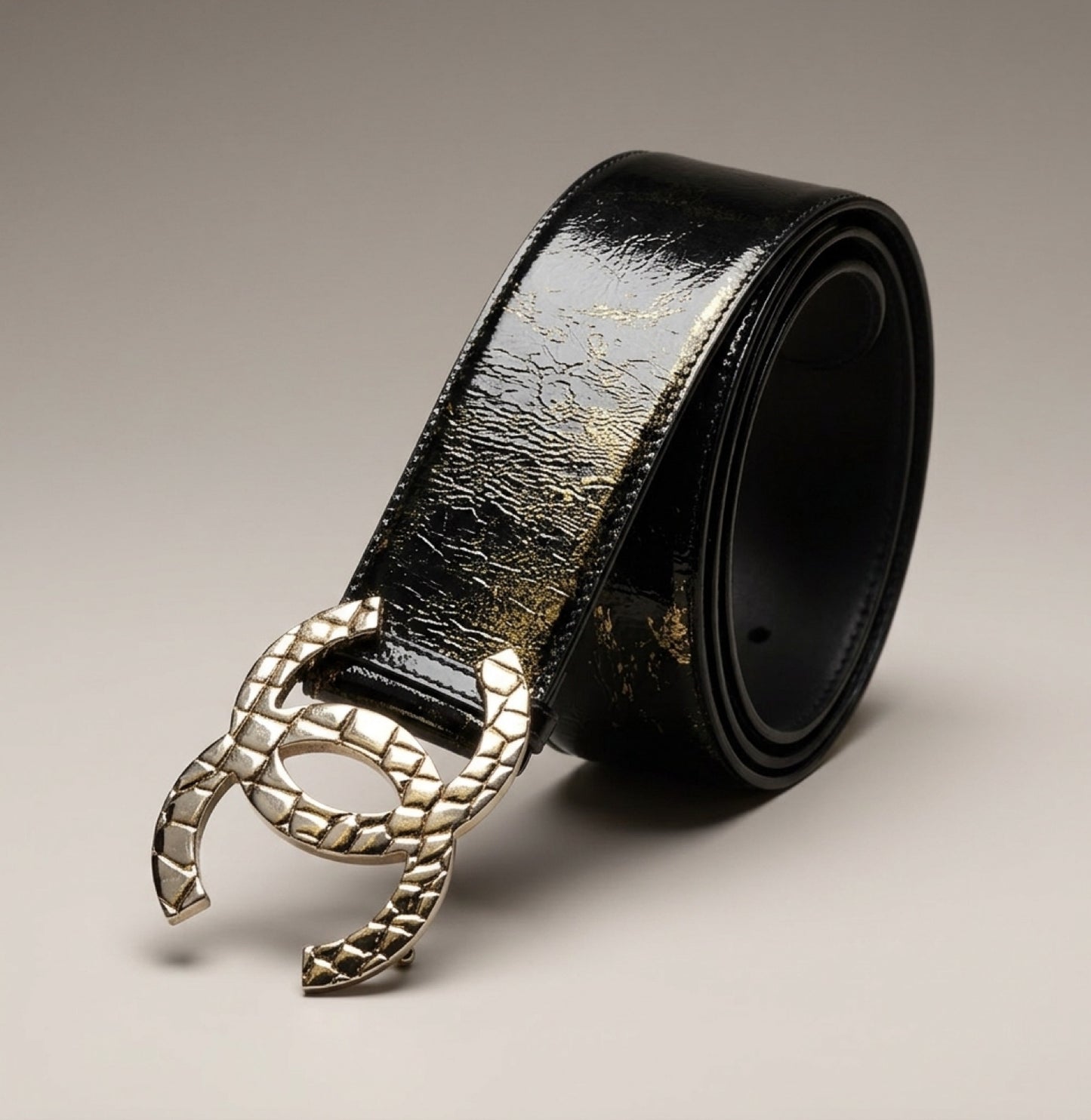 Chanel 07P Black Patent Silver Oversized CC Croc Embossed Logo Wide Belt Size 90/36