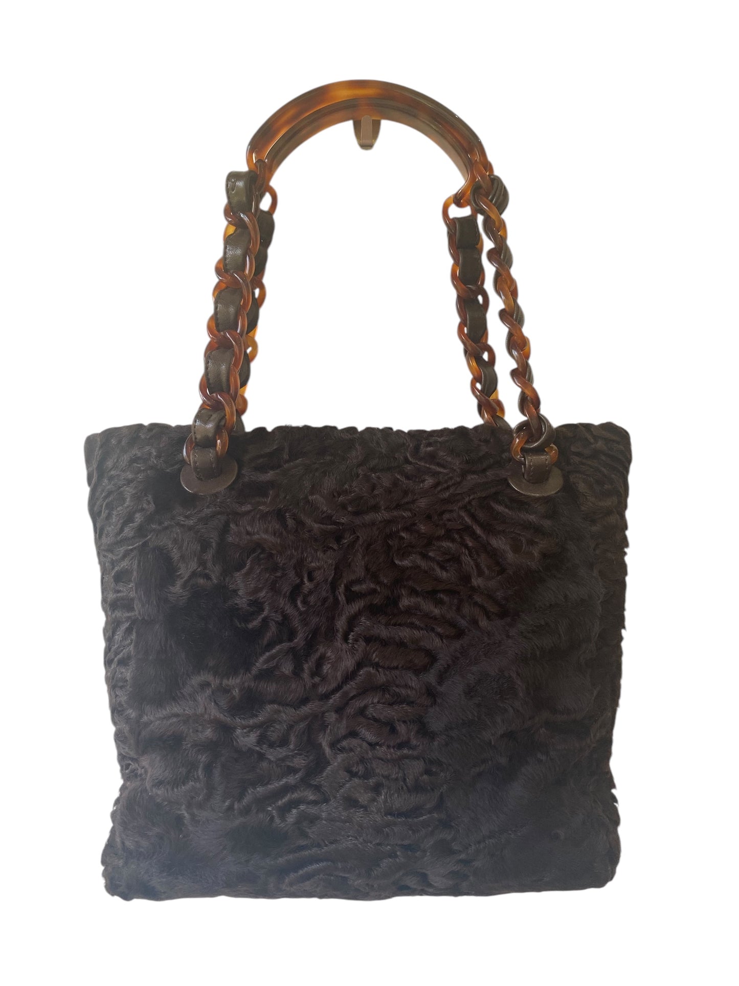 Rare Chanel 1998 Astrakhan Brown Soft Persian Lamb Tortoise Handle Mini Small Tote Bag