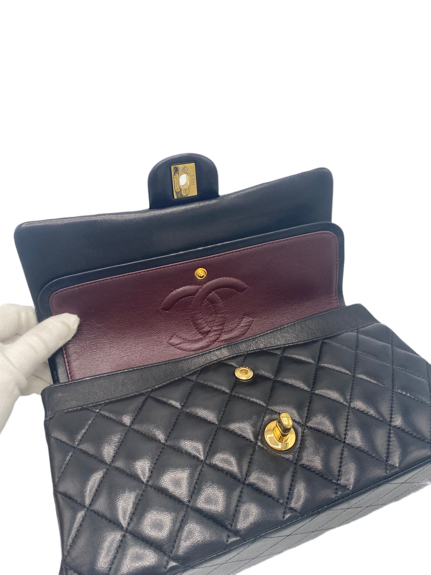 Chanel Classic Timeless Double Flap Medium Lambskin Black Shiny Gold Hardware