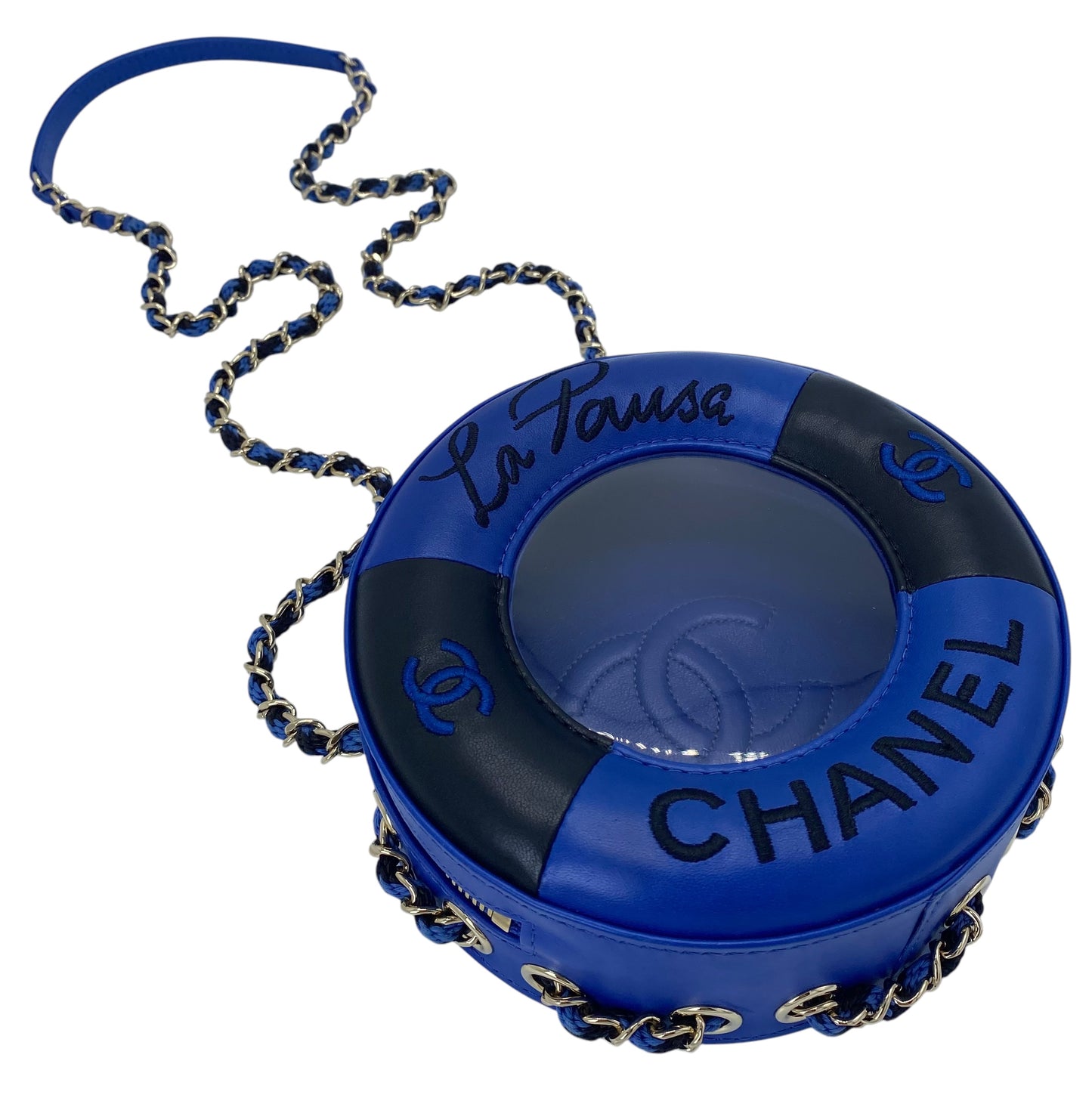 CHANEL 19C LA PAUSA COCO LIFESAVER MINAUDIÈRE BAG BLUE & BLACK WITH CHAMPAGNE GOLD HARDWARE