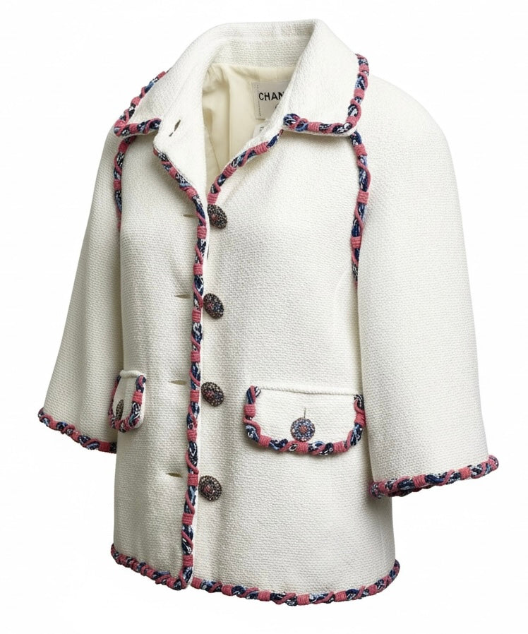Rare Chanel 15C Dubai Swarovski Crystals White Multicolor Braided Trim Short Jacket FR 38