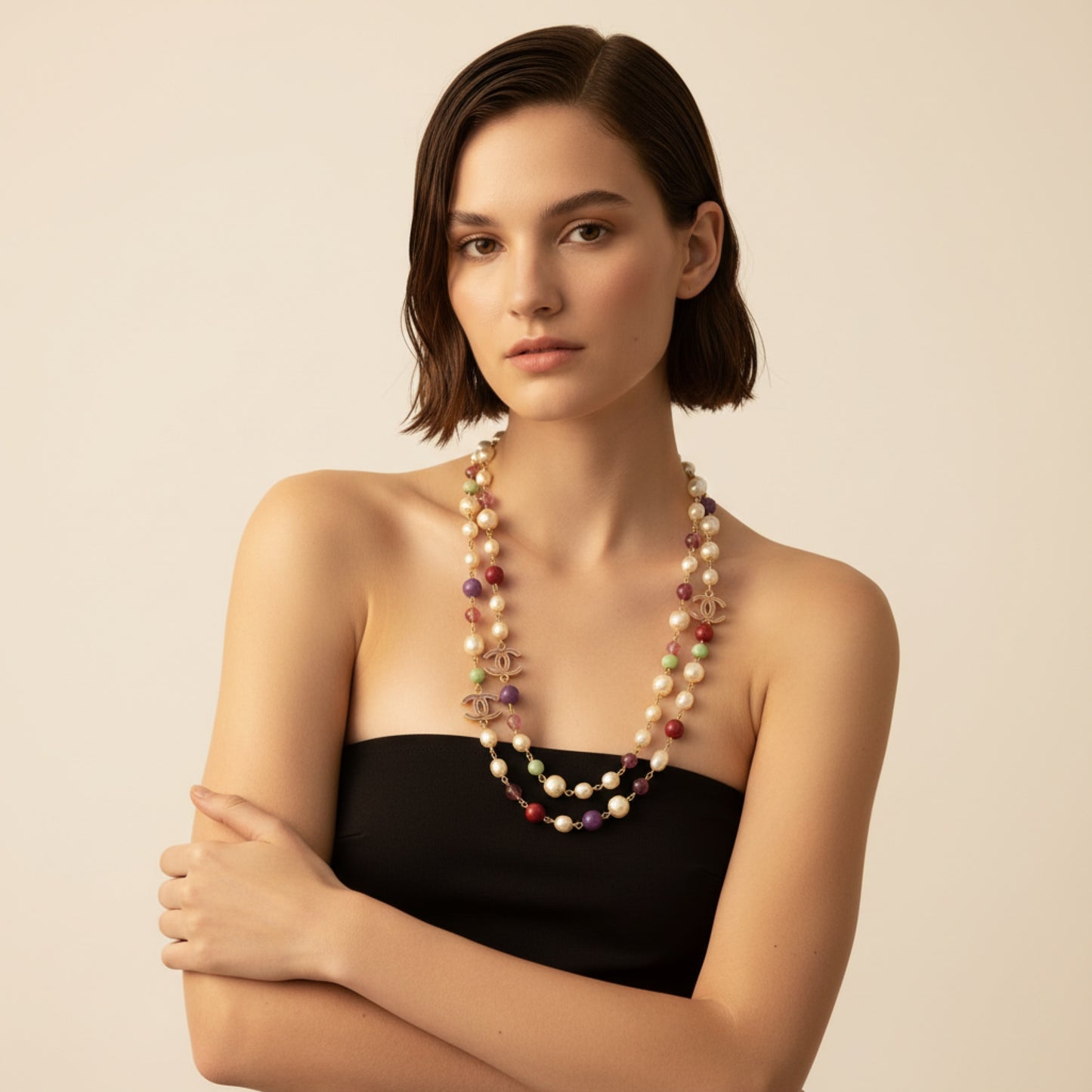 Chanel 11P Extra Long Strand CC Multicolor Necklace Gold Hardware