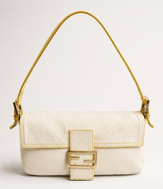 Vintage FENDI White Denim Baguett Bag with Yellow Python Trim
