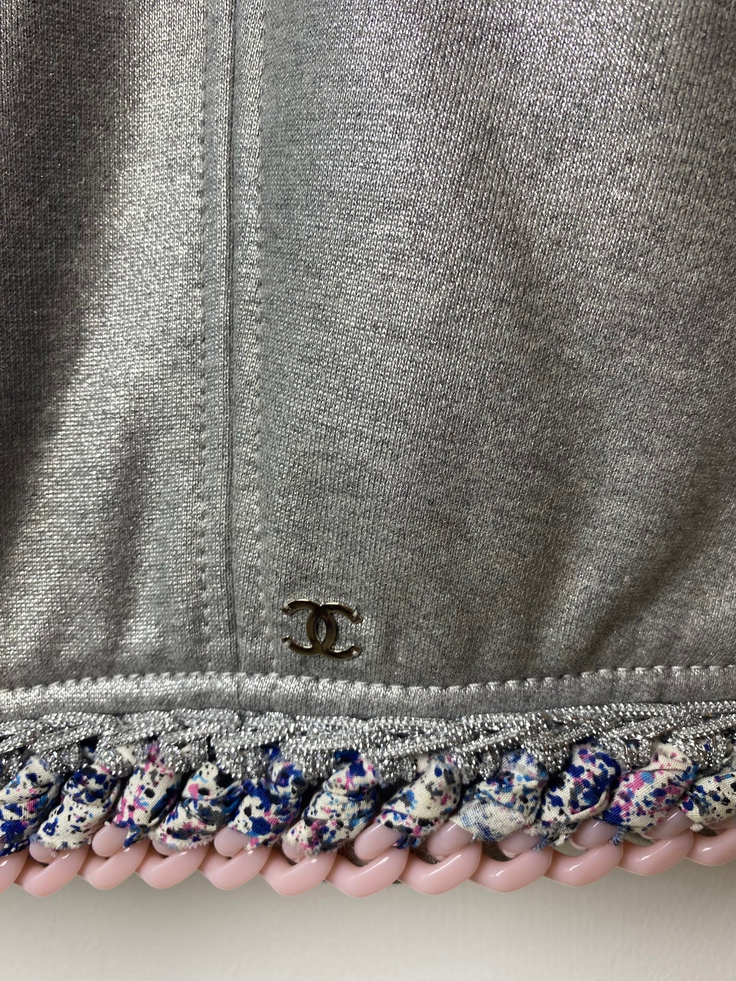 Chanel 2014 Supermarket Metallic Silver Grey Bomber Jacket Tweed and Lucite Pink Trim FR 38