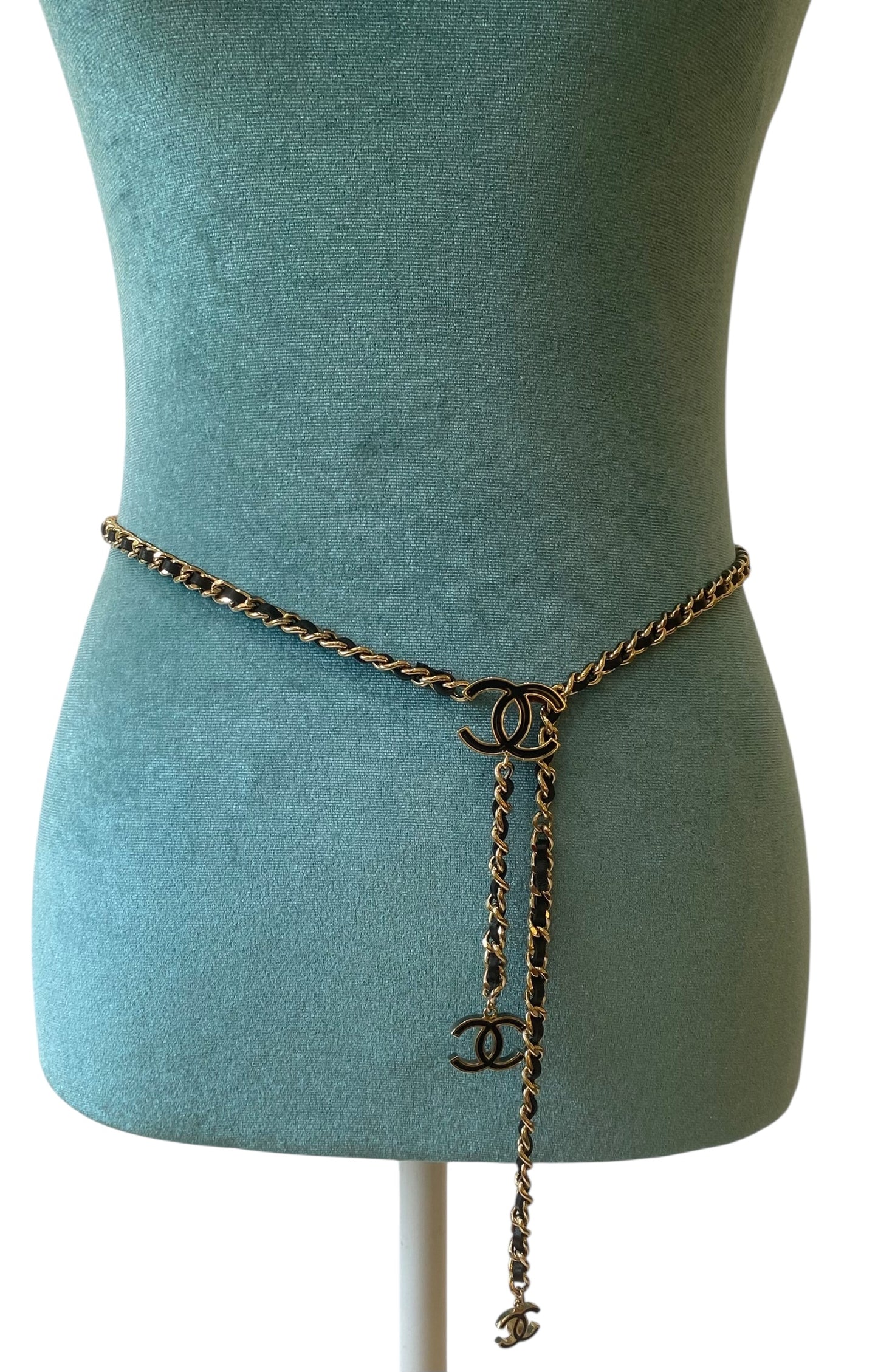 Chanel 2014 Black Leather CC Charm Gold Tone Chain Belt/Necklace