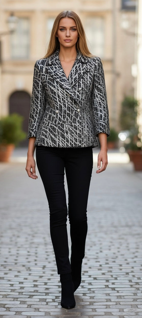 Chanel 12P Double Breasted Silver Metallic Graffiti Black Jacket FR 36