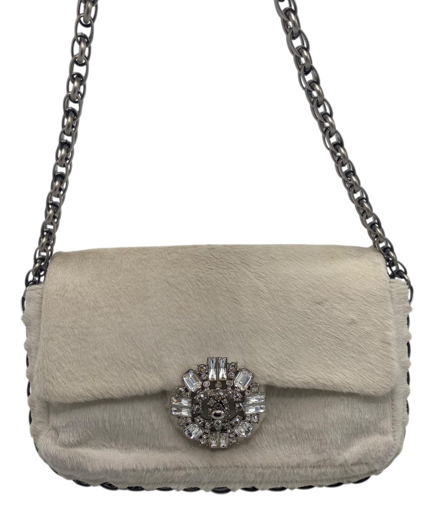 Rare Chanel White Shimmer Pony Hair Swarovski Crystal Chain Around Classic Medium Flap Bag