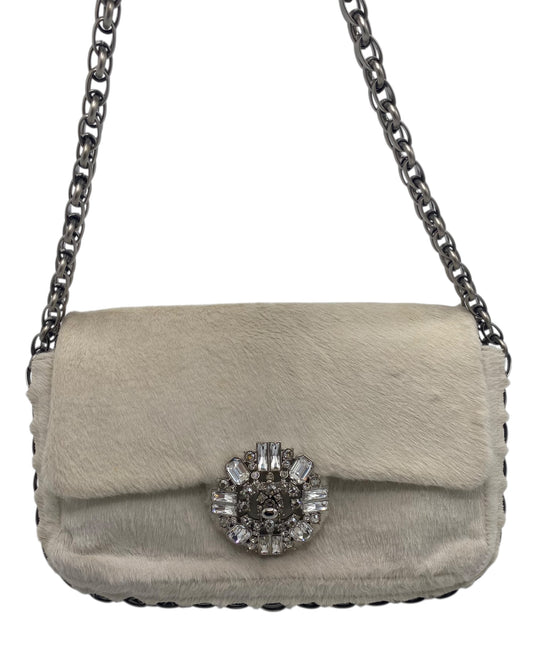 Rare Chanel White Shimmer Pony Hair Swarovski Crystal Chain Around Classic Medium Flap Bag
