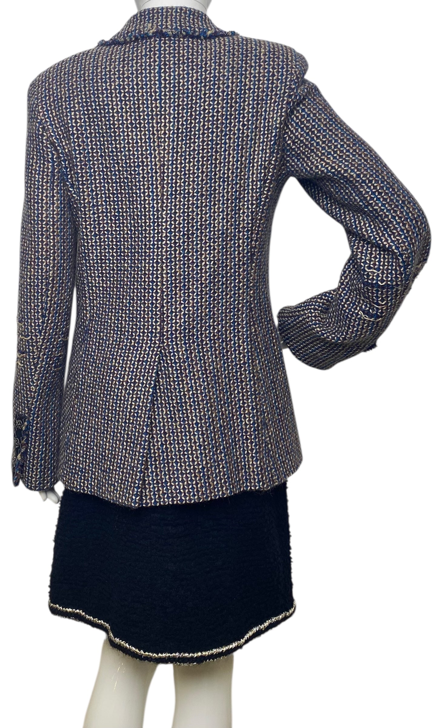 Rare Chanel 08A Runway Tweed Turquoise Blue Multicolor Gold Blazer Jacket FR 36