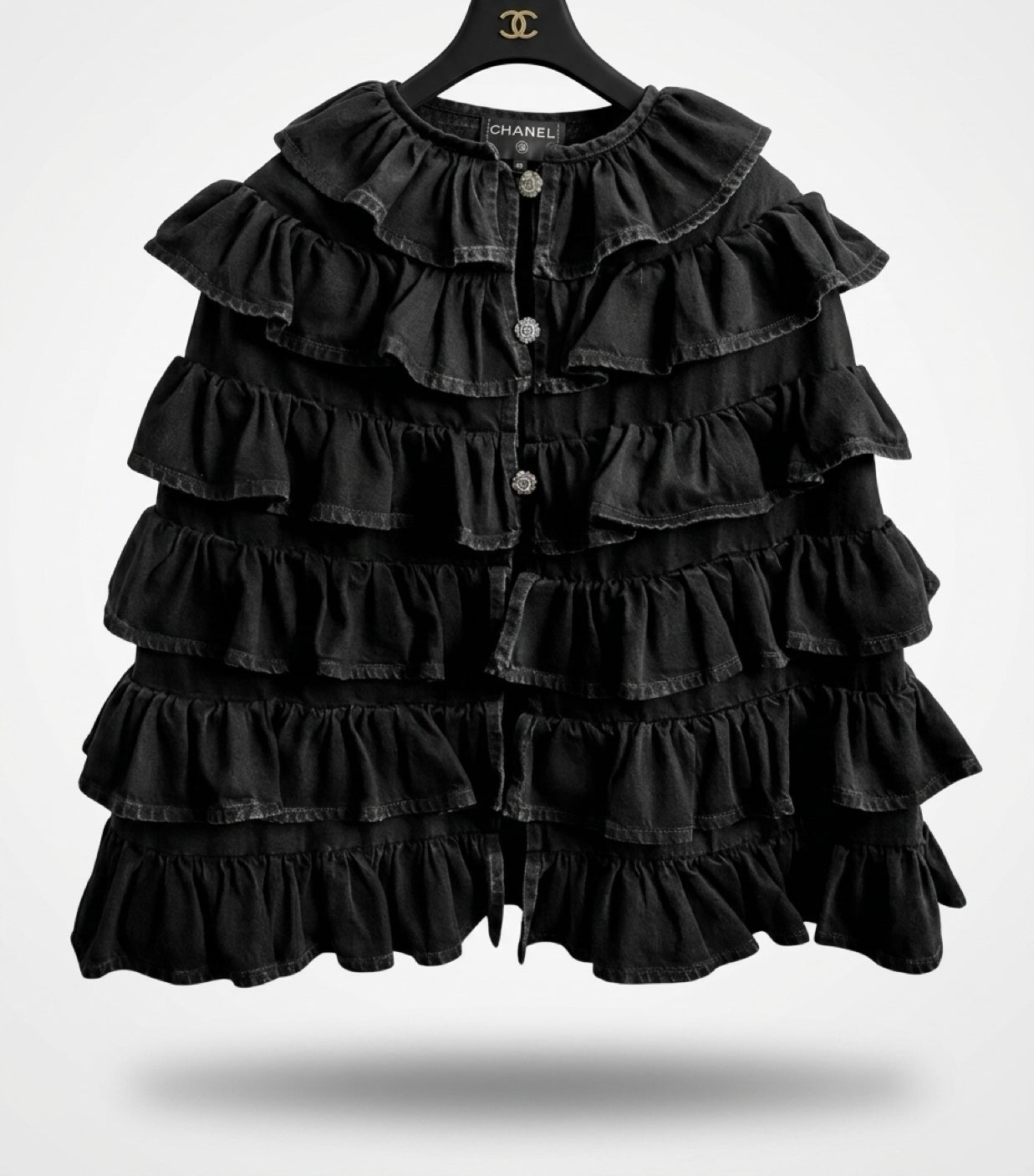 Rare Chanel 24A Paris Manchester Runway Black Denim Coat Jacket Cape FR 36