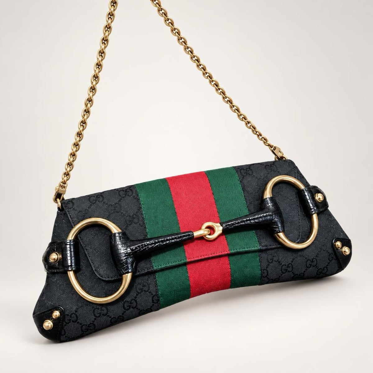 Gucci Large 1955 Tom Ford Classic Black Red Green GG Monogram Horsebit Clutch Handbag GHW