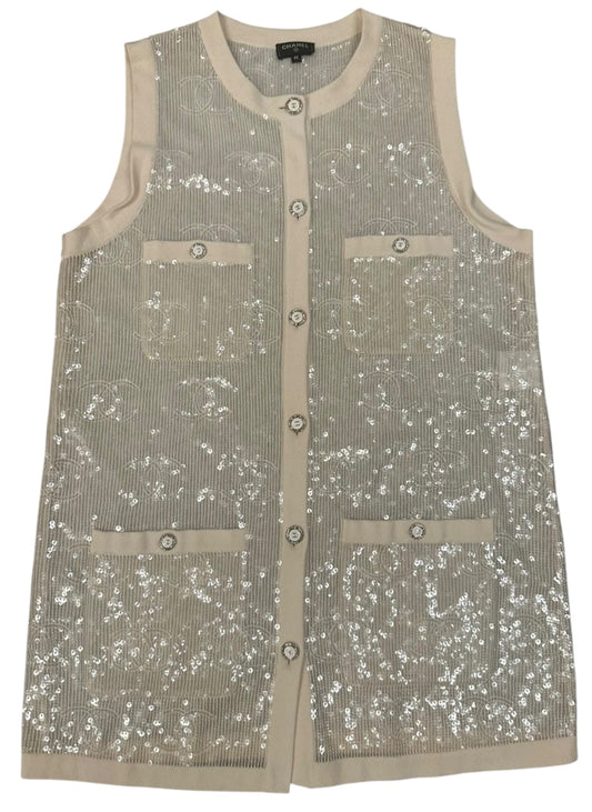 Rare Chanel 22S CC Sequin Cream Iridescent Vest Mini Dress Waistcoat Cardigan FR 40