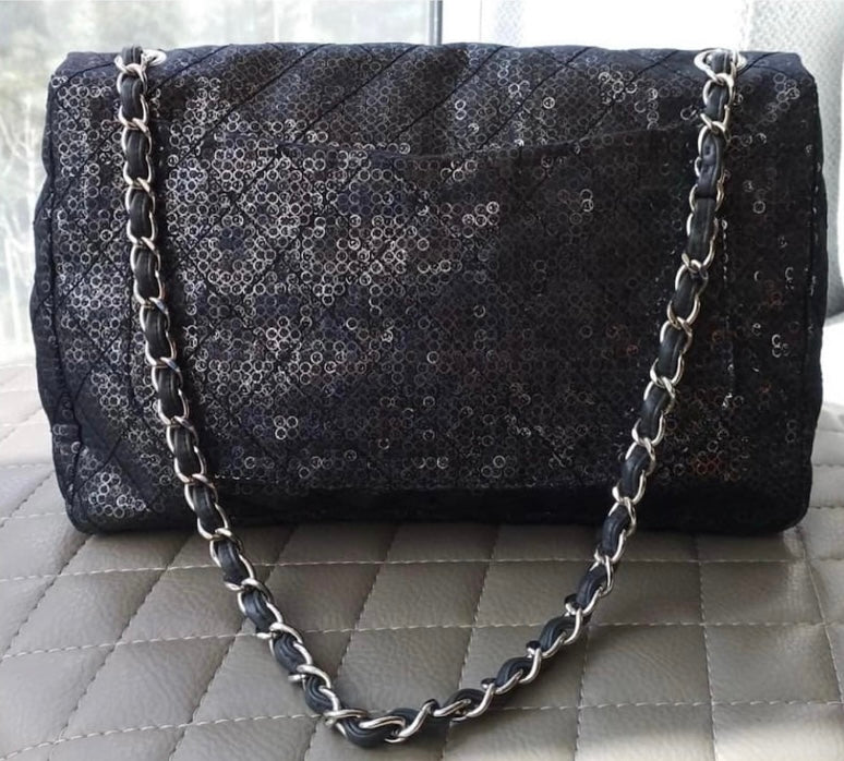 Chanel Black Hidden Sequins Mesh Jumbo Classic Flap Bag Silver Hardware