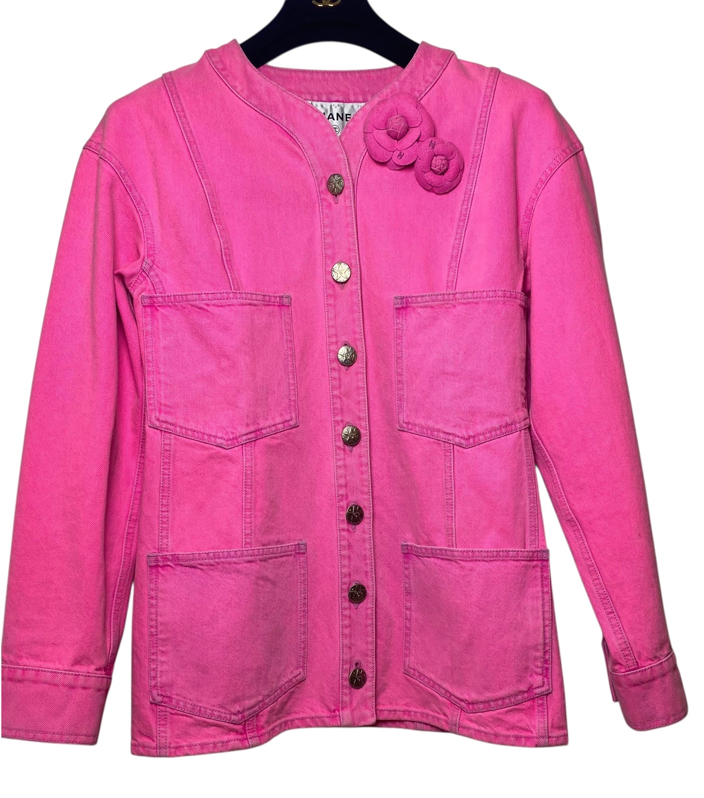 Chanel 21S Two Camellia Bright Neon Pink Denim Jacket FR 36